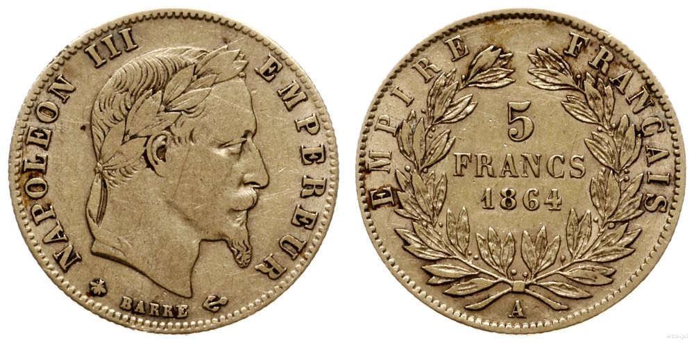Francja, 5 franków, 1864 A