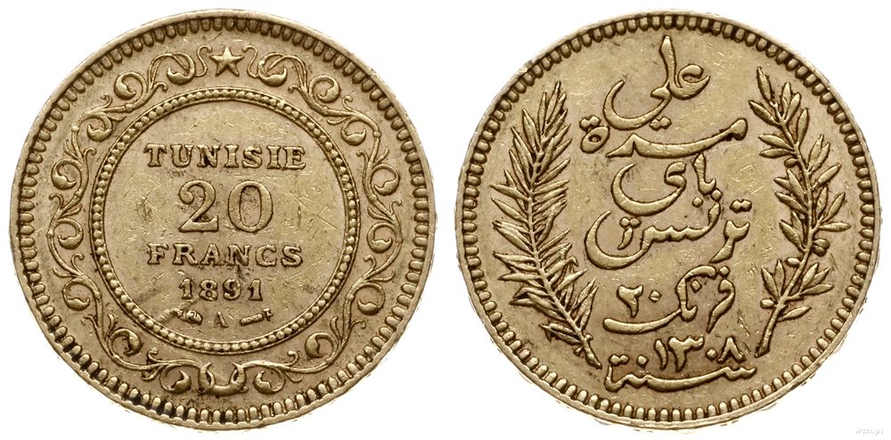 Tunezja, 20 franków, 1891 A