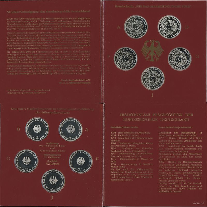 Niemcy, zestaw 5x 10 marek, 1999