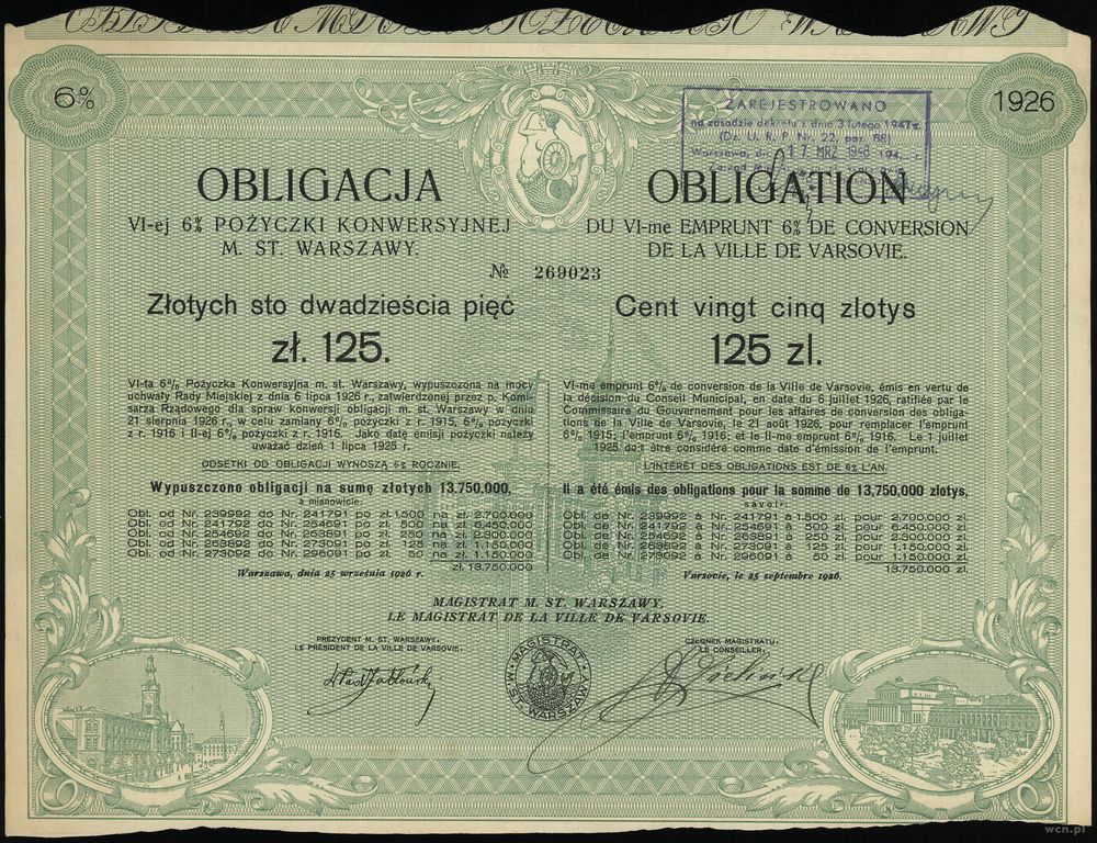 Rzeczpospolita Polska 1918-1939, VI-ta 6% Pożyczka Konwersyjna M. St. Warszawy, obligacja na 125 złotych, W..