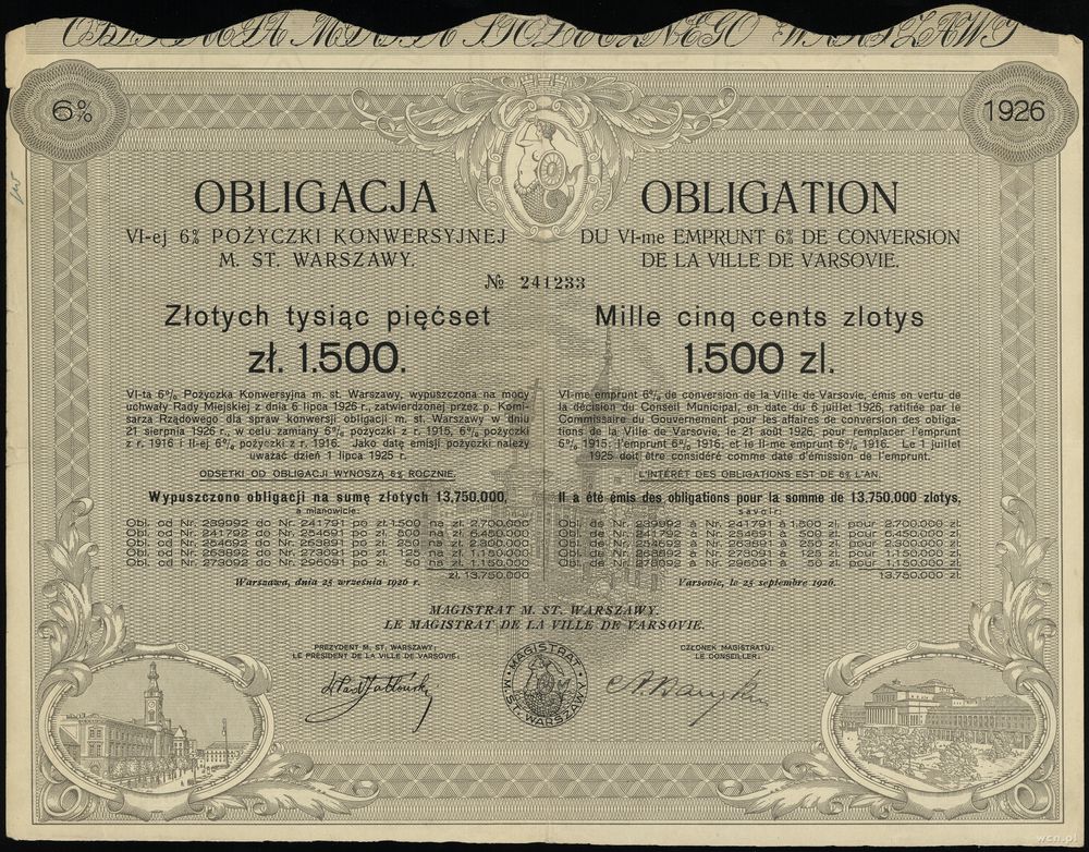 Rzeczpospolita Polska 1918-1939, VI-ta 6% Pożyczka Konwersyjna M. St. Warszawy, obligacja na 1.500 złotych,..