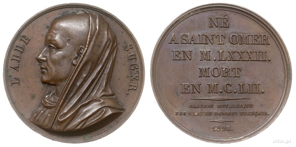 Francja, medal z serii wybitni francuzi z 1820 r. autorstwa Depaulis poświęcony XII wiecznemu francuskiemu kronikarzowi Sugerowi