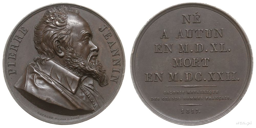 Francja, medal z serii wybitni francuzi z 1817 r. autorstwa D. Gayrarda poświęcony Pierrowi Jeanninowi (1540-1622) francuskiemu p