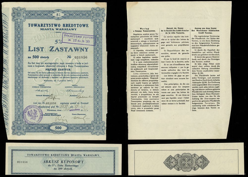 Polska, 5% list zastawny na 500 złotych, 1924