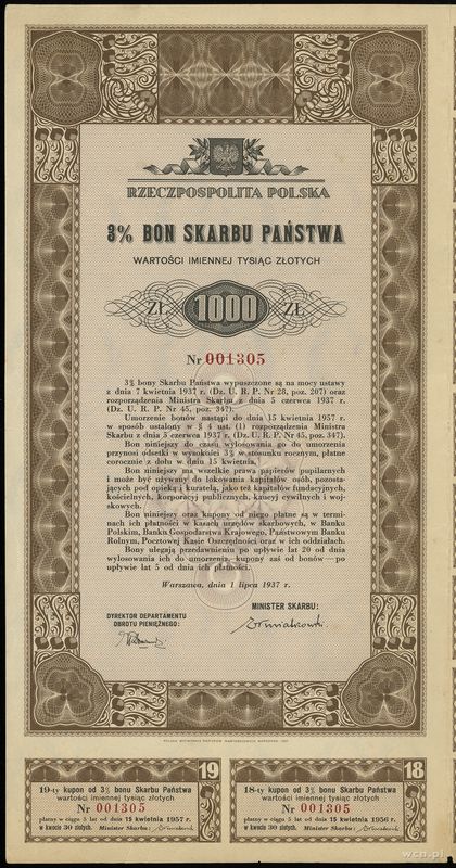 Polska, 3% Bon Skarbu Państwa wartości imiennej 1.000 złotych, 01.07.1937