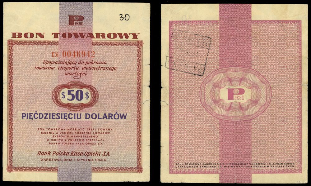 Polska, bon na 50 dolarów, 01.01.1960