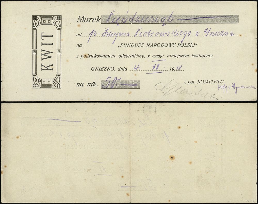 Polska, kwit na 50 marek od p. Lucjana Piotrowskiego z Gniezna, Gniezno 4.XI.1918