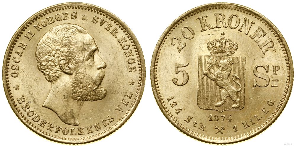 Norwegia, 5 Speciedaler = 20 koron, 1874