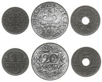 zestaw monet 1, 5 i 20 groszy, Warszawa, 1 grosz