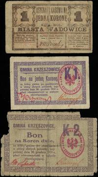 Galicja, zestaw: bon na 1 koronę 1919, bon na 2 korony 1919 (Krzeszowice) i 1 korona 1919 miasta Wadowic