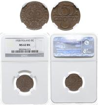 5 groszy 1928, Warszawa, piękne, moneta w pudełk