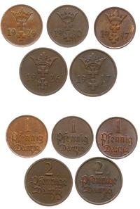 Polska, zestaw: 2 x 2 fenigi (1926, 1937), 3 x 1 fenig (1929, 1930, 1937)
