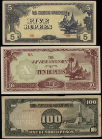 zestawy różnych banknotów, zestaw: 5, 10 rupii 1942-1944 (Birma) i 100 pesos 1944 (Filipiny)