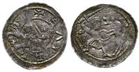 denar 1138-1146, Książę na tronie, obok giermek,