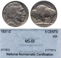 5 centów 1937 D, Denver, Inidanin/Bizon, miedzio