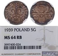 5 groszy 1939, Warszawa, piękna moneta z patyną 