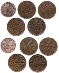 Polska, lot 1 x 1 grosz i 4 x 2 grosze, 1931, 1928, 1935, 1937 i 1938