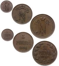 zestaw 3 monet, 10 penniä 1907, 5 penniä 1908 or