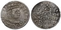trojak 1586, Ryga, mała głowa króla, końcówka PO