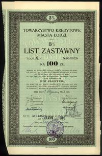 Polska, List zastawny 5 % na 100 złotych- Towarzystwo Kredytowe Miasta Łodzi, Łodź 1.01.1933