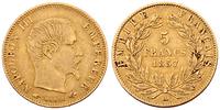 5 franków 1857/A, złoto 1.60 g