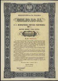 Rzeczpospolita Polska 1918-1939, obligacja 4 1/2% wewnętrznej pożyczki państwowej na 1000 złotych, 1.06.1937