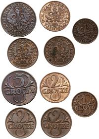 zestaw 5 monet, Warszawa, 1 grosz 1935, 3 x 2 gr