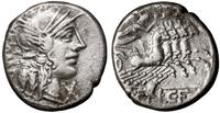 denar 123 pne, Rzym, w: Głowa Romy w hełmie w pr