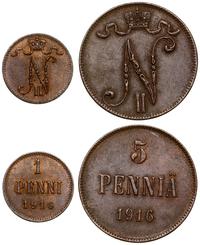Finlandia, zestaw: 1 i 5 pennia, 1916