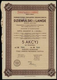 5 akcji po 250 złotych = 1.250 złotych 1937, War