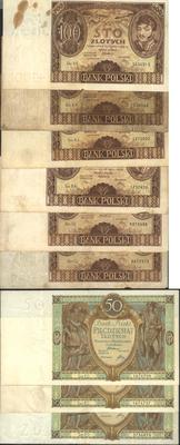 zestaw 9 banknotów z lat 1929-1934, 3 x 50 złoty