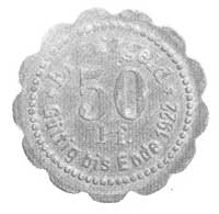 50 fenigów 1920, Szczecin, Aw: Głowa gryfa i napis, Rw: Nominał i napis, (moneta zastępcza - cynk).