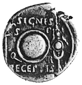 denar, Aw: Głowa Augusta w prawo i napis: CAESAR