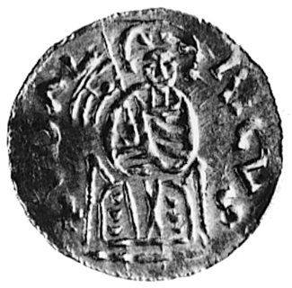 Udalryk 1012-1033, denar, Aw: Król na tronie z włócznią i napis: VDALRICVS, Rw: Półpostać w lewo i napis: SCSWENCEZLAVS, C.296, 1.04 g.