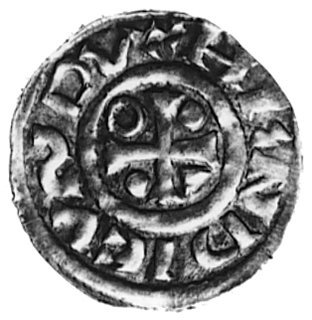 książę Henryk IV Święty (995-1002), denar, Aw: Krzyż równoramienny, w polu kółko, 2 kropki i trójkąt