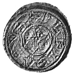 denar, Aw: Dwie stojące postacie z włócznią, Rw: Mały krzyż, w otoku napis, Str.38*, Gum.78, 0.78 g., pięknyegzemplarz