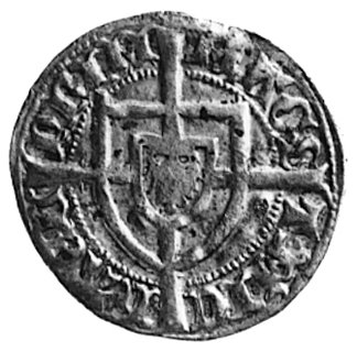Michał Kuchmeister von Sternberg (1414-1422), szeląg, Aw: Tarcza Wielkiego Mistrza na tle długiego krzyża,Rw: Tarcza krzyżacka z długim krzyżem, Vos.800