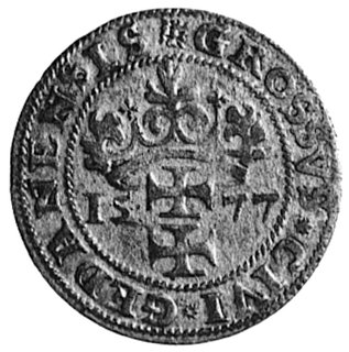 grosz oblężniczy 1577, Gdańsk, Aw: Półpostać Chrystusa i napis, Rw: Herb Gdańska i napis, Gum.775, Kurp.346 R2