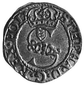 szeląg 1580, Olkusz, Aw: Monogram i napis, Rw: Tarcze herbowe i napis, Gum.661 R, Kurp. 15 R5 (podobny), T.20,moneta niezmiernie rzadka w tym stanie zachowania