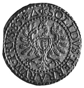 szeląg 1585, Malbork, Aw: Monogram i napis, Rw: Orzeł Prus Królewskich i napis, Gum.739, Kurp.338 R2