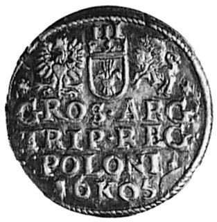 trojak 1605, Kraków, Aw: Popiersie i napis, Rw: Herby i napis, Kurp.1344 R3, Wal.XCII, stan gabinetowy