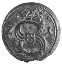 denar 1621, Kraków, Aw: Monogram, Rw: Tarcze herbowe, Gum.819, Kurp.3 R5, T.6, rzadka moneta w pięknymstanie zachowania
