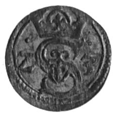 denar 1623, Łobżenica, Aw: Monogram, Rw: Tarcze herbowe, Gum. 1494, Kurp. 1862 R6, odmiana z ozdobnymitarczami