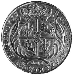 talar 1755, Lipsk, Aw: Popiersie i napis, Rw: Tarcza herbowa i napis, Dav.1617, Merseb.1730, moneta rzadka w tymstanie zachowania