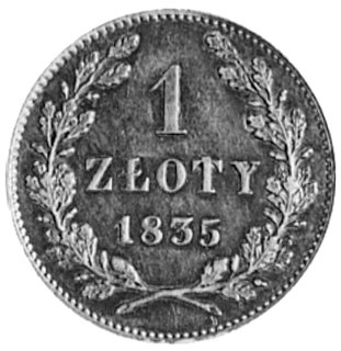 1 złoty 1835, Wiedeń, Aw: Herb Krakowa i napis, Rw: Nominał w wieńcu, Plage 294, stara patyna