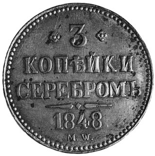 3 kopiejki srebrem 1848, Warszawa, Aw: Monogram, Rw: Napis, Plage 464, moneta bardzo rzadka