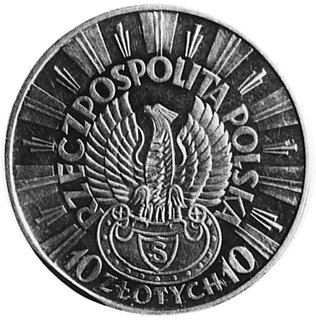 10 złotych 1934, Piłsudski i Orzeł Strzelecki, na awersie napis: PRÓBA, srebro, wybito 100 sztuk, 21.99 g.