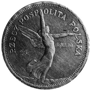 5 złotych 1928, Bruksela (bez znaku mennicy), na awersie napis: 26 ESSAI, na rewersie napis: ESSAI, na rancie napis:SALUS-REIPUBLICAE-SUPREMA-LEX, miedzionikiel, 15.65 g., nakład nieznany