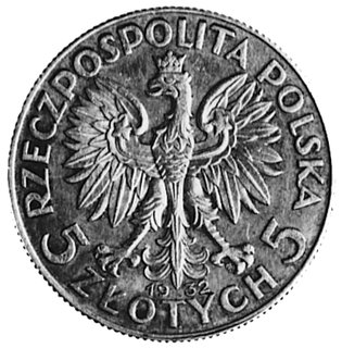 5 złotych 1932, Warszawa, na awersie napis wklęsły: PRÓBA, srebro 11.05 g., nakład nieznany