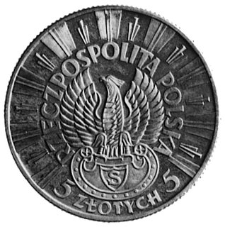5 złotych 1934, Piłsudski i Orzeł Strzelecki, na awersie wypukły napis: PRÓBA, srebro, wybito 100 sztuk, 10.97 g.